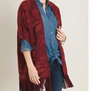 NWT Chico's Floral Jacquard Ruana Wrap Jacket Fringe Boho Size Small / Medium